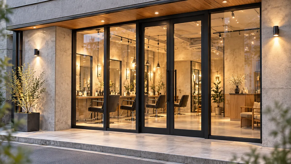 ガラス張りの、明るいヘアサロンの店構え